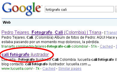 lucuella.com figura en la primera página de google para: fotógrafo cali, ilustrador cali, fotografía cali, ilustración cali