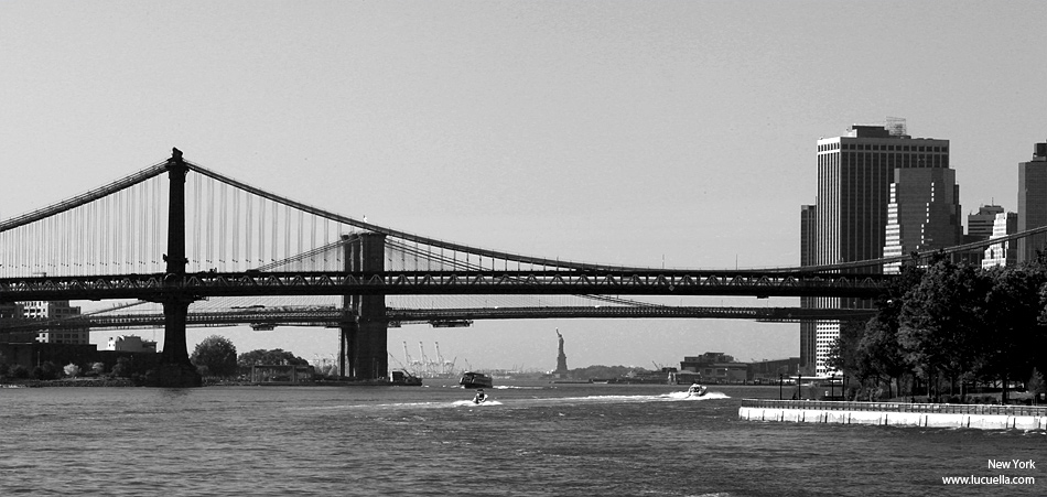Brooklyn and Manhattan Bridges with Statue of Liberty on background